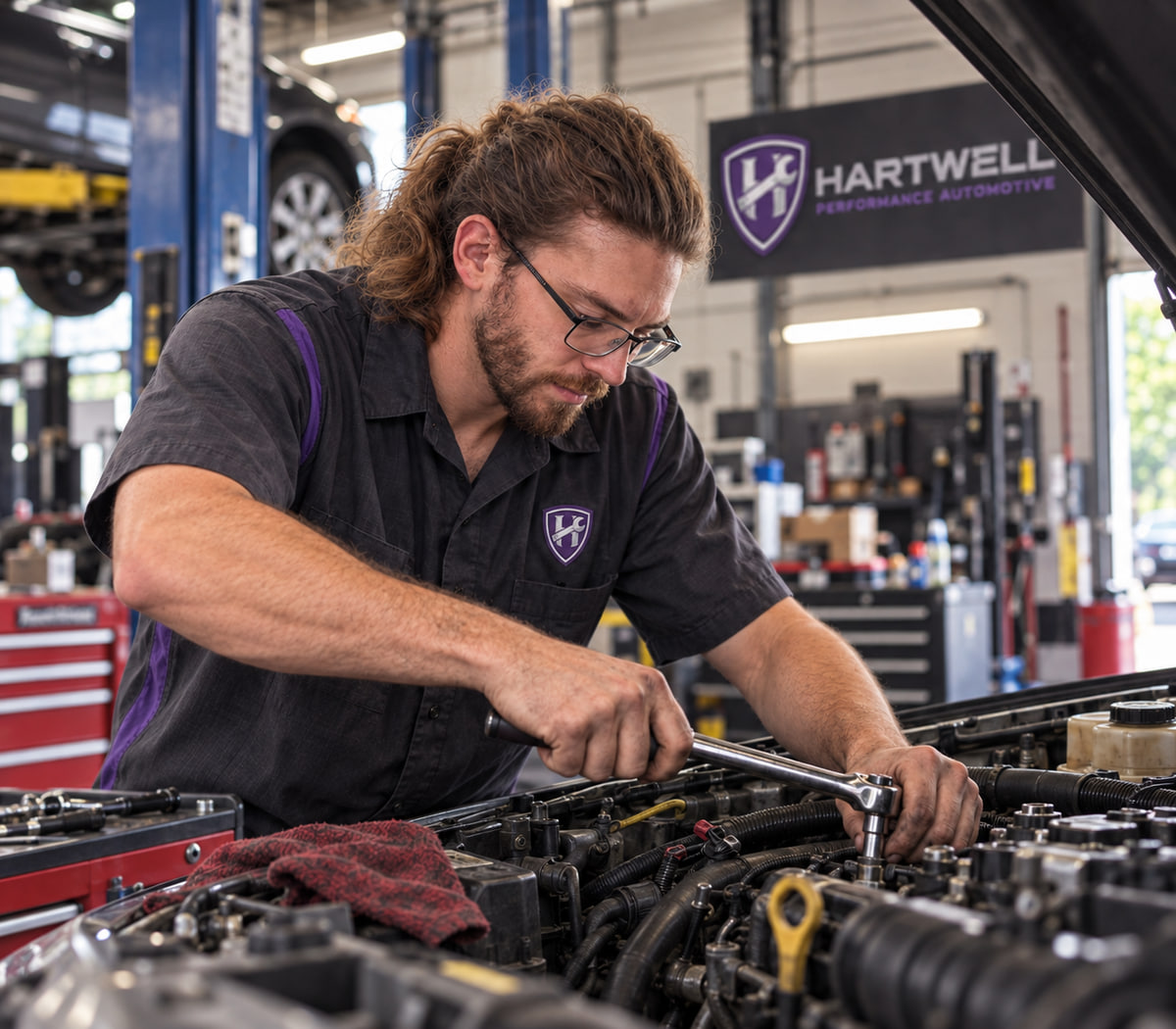 Mechanic performing automotive repair work at Hartwell Performance Automotive in Bastrop, TX