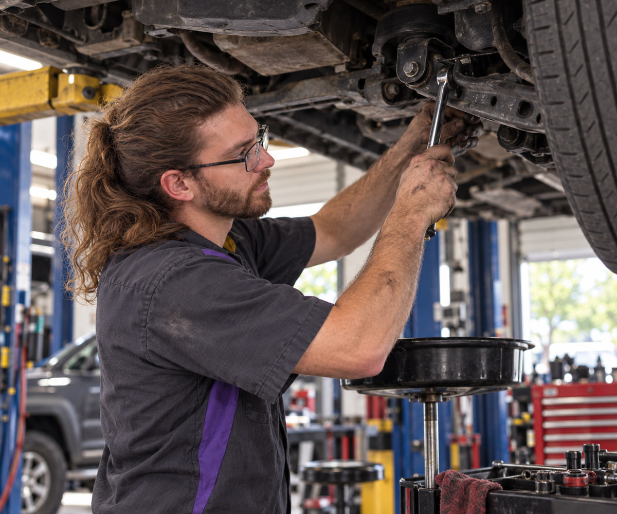 Mechanic performing brake inspection for Elgin, TX area customer at Hartwell Performance Automotive