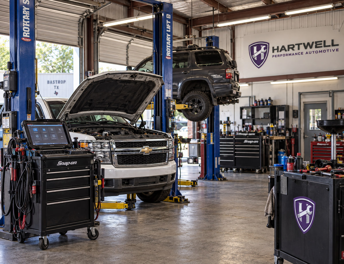 Professional automotive repair bays at Hartwell Performance Automotive in Bastrop, TX