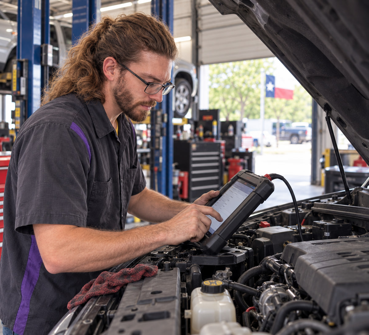 Automotive technician inspecting a vehicle for Cedar Creek, TX area customers at Hartwell Performance Automotive
